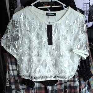 Allegra K Women's White Sequin Top